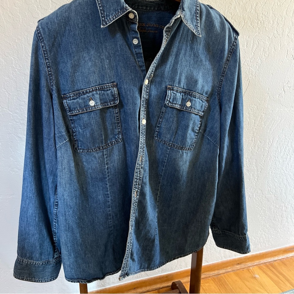 Share Ralph Lauren Jeans Co Lightweight Denim Shirt Womens XL 90s Roll Tab Sleev